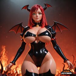 3d ai ai-created ai_generated big_breasts bigboobs bodysuit breasts curvaceous curvy demon ecchi evil female green_eyes hell highleg large_breasts long_hair looking_at_viewer luststudio3d original outdoor public red_hair slender_waist solo thick_thighs thighhighs wide_hips