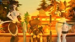3d 3d_(artwork) absurd_res anthro ass big_breasts big_butt bottomless breasts cate_meowdy_(fortnite) clothed clothing epic_games erect_nipples felid feline female first_person_view fortnite genitals glowing glowing_eyes glowing_genitalia group hi_res looking_at_viewer mammal meow_skulls nipples nude nude_anthro nude_female outside partially_clothed samtrix spice_(fortnite) tail thick_thighs topless trio vulva