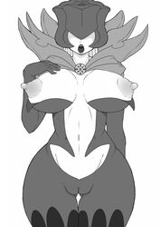 1girls artist_request bodysuit breasts covered_eyes crest_of_light crests_(digimon) digimon digimon_savers female female_only large_breasts monochrome nipples rosemon solo