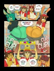 3boys 3girls ass ass_clapping ass_cleavage ass_focus ass_to_ass big_ass big_breasts bottle bottom_heavy breasts bubble_butt butt_crack claire_(ponehanon) clapping_cheeks clothing crop_top cropped_jacket dale_(ponehanon) dialogue dun_(ponehanon) fast_food fast_food_uniform fat_ass female female_focus furry gluteal_fold gold_boombox_(prevence) huge_ass jacket large_ass layla_(ponehanon) male massive_ass motion_blur no_panties oiled oiled_ass oiled_skin pants ponehanon sally_(ponehanon) shorts tail text thick_ass thick_thighs thunder_thighs twerking twerkoff uniform wide_hips