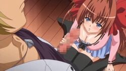 animated blonde_hair_male blue_eyes boy brown_hair_female clothed clothed_female clothed_male condom eyeless_male gif girl handjob hentai_series kitchen male/female poro sitting_on_floor triangle_blue
