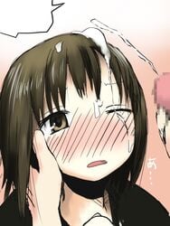 ... black_hair blush censored cum cum_on_hair cumshot facial female hand_on_another's_cheek hinata-bokko_(sanpo_fuumi) one_eye_closed original short_hair