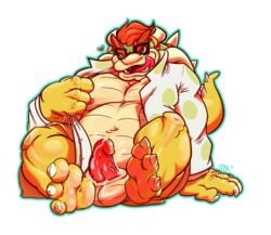 1boy alpha_channel anthro areola balls barazoku barefoot biceps big_feet bowser claws clothed clothing cum cum_on_balls cum_on_body cum_on_penis cum_on_stomach dogfu dragon erection eyewear full_body glasses hair half-dressed heart horn hybrid koopa male male_only manly mario_(series) muscles navel nintendo nipples open_mouth orgasm pecs penis plain_background reptile scalie sharp_claws sharp_teeth sitting solo teeth toe_claws tongue tongue_out transparent_background turtle undressing vein veiny_penis