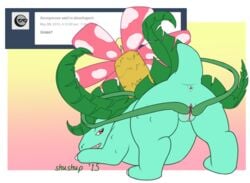 2015 ass english_text female feral flower looking_at_viewer looking_back nintendo open_mouth plain_background plant pokémon_(species) pokemon pokemon_rgby presenting presenting_hindquarters pussy red_eyes scalie shushup smile solo spread_legs spreading text venusaur video_games