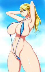 1girls 286c abs aqua_eyes areola_slip areolae armpit arms_behind_head arms_up beach beauty_mark bikini blonde_hair blue_eyes breasts cameltoe cloud erect_nipples female_only huge_breasts human metroid navel nintendo nipples outdoors ponytail samus_aran skindentation sky sling_bikini standing strap_gap thick_thighs thighs thin_waist tied_hair