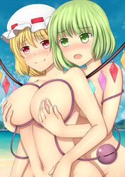 2girls absurdres beach blonde_hair blush breasts_grab female flandre_scarlet green_eyes green_hair heart-shaped_pupils koishi_komeiji lactation mob_cap multiple_girls navel nude older open_mouth outdoors red_eyes sand short_hair smile symbol-shaped_pupils third_eye touhou water wings xerw yuri