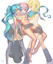 aqua_eyes aqua_hair barefoot belt blonde_hair blush breasts detached_sleeves dickgirl drooling futa_with_female futanari hair hair_ornament hair_ribbon hairclip hand_holding hatsune_miku highres intersex kagamine_rin long_hair megurine_luka midriff moaning nipples nude ohayou_girls open_mouth penis pink_hair pussy pussy_juice ribbon saliva see-through sex short short_hair simple_background smile thighhighs tied_hair twintails very_long_hair vocaloid white_background