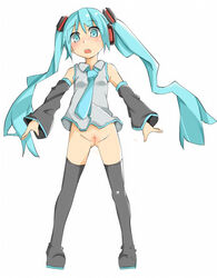 aqua_eyes aqua_hair blush boots bottomless detached_sleeves female hair_ornament hatsune_miku headphones long_hair necktie open_mouth pussy simple_background solo surprised thigh_boots tied_hair twintails unacchi_(nyusankin) uncensored vocaloid white_background