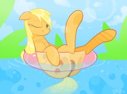 2015 anus applejack_(mlp) blonde_hair braddo cutie_mark earth_pony equine female feral freckles friendship_is_magic green_eyes hair hooves horse inner_tube legs_up long_hair mammal my_little_pony one_eye_closed outside pony pussy smile solo water wet