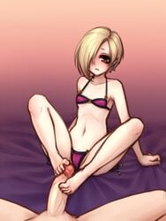 bikini blonde_hair blush brown_eyes ear_piercing erect_nipples feet female flat_chest footjob hair_over_one_eye idolmaster idolmaster_cinderella_girls monorus penis piercing purple_bikini shirasaka_koume short_hair solo_focus swimsuit toes uncensored