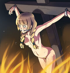 blonde_hair blue_eyes blush bondage braid breasts burning capcom clenched_teeth cross crucifixion espella_cantabella execution female fire gag gyakuten_saiban level-5 mahoney_katalucia nipples nude peril professor_layton professor_layton_vs._gyakuten_saiban pubic_hair pussy_juice restrained sakuraba_tsukasa scared solo sweat tears torture