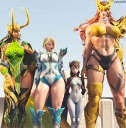 2025 3d 3d_(artwork) 4girls abs angela_(aldrif_odinsdottir) angela_(marvel_rivals) artist_name asian asian_female biceps big_breasts black_hair black_lipstick blonde_hair blue_lipstick bodysuit breasts canon_genderswap emma_frost emma_frost_(marvel_rivals) female female_focus female_only goddess height_difference helmet horn horns lady_loki lady_loki_(marvel_rivals) larger_female loki_(marvel) loki_(marvel_rivals) long_hair marvel marvel_comics marvel_rivals medium_breasts muscular muscular_female navel peni_parker peni_parker_(marvel_rivals) red_hair rule_63 short_hair size_difference small_breasts smaller_female taller_female thick_thighs wide_hips xamjam3d