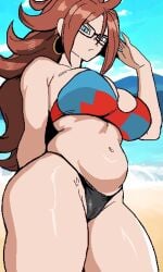 android android_21 android_girl beach belly big_ass big_breasts bikini bikini_bottom bikini_top blue_eyes breasts brown_hair cameltoe dragon_ball fat_ass female glasses monmaamn thick_thighs wide_hips