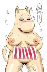 apron big_breasts blush breasts chubby dildo female hattifatteners milf moominmamma no_humans pussy simple_background the_moomins troll white_background