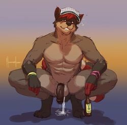 alcohol balls beer beverage black_penis bottle canine crouching cum cum_in_ass cum_inside cum_on_ground drunk humanoid_penis looking_at_viewer male male_only mammal meesh nude panic_(character) penis solo wolf