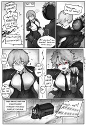 asking_for_sex bloodfiend clock comic dante_(limbus_company) death demanding dialogue don_quixote_(limbus_company) female femdom horny_female limbus_company missing_hand monochrome pinned project_moon prosthetic revival sancho_(limbus_company) screaming short_hair suggestive suit tagme