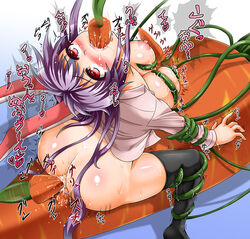 ahe_gao anal anal_insertion animal_ears arched_back ass black_legwear blush breast_squeeze breasts bunny_ears carrot drooling female large_breasts long_hair long_sleeves naked_shirt nipples object_insertion open_clothes open_shirt purple_hair pussy_juice red_eyes reisen_udongein_inaba restrained shirt solo sweat tears tentacle thighhighs touhou trembling vaginal_insertion vaginal_penetration very_long_hair vibrator vibrator_in_anus vibrator_on_nipple vine_in_mouth vine_insertion vines yazuki_gennojou