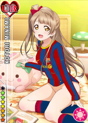 1girls blue_socks book bottomless fc_barcelona female female_only human knee_socks kneehighs kneesocks long_hair long_sleeves love_live! love_live!_school_idol_project minami_kotori red_socks smile soccer socks solo