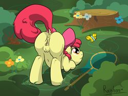 anus apple_bloom_(mlp) arthropod ass butterfly clitoris earth_pony equine female female_only friendship_is_magic fur hooves insects mammal my_little_pony navel nude outside pony presenting presenting_hindquarters pussy rainihorn red_fur smile solo yellow_fur young