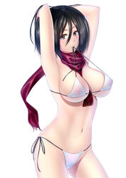 1girls attack_on_titan bikini black_eyes black_hair blush breast breasts female female_only hourglass_figure kai_(link2262) large_breasts mikasa_ackerman navel nipple_bulge nipples scarf see-through see-through_clothing short_hair solo solo_female