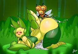 1boy 1girls arthropod big_breasts breasts combee cum cum_explosion cum_inside cum_on_ground duo eigaka excessive_cum female from_behind huge_breasts insects larger_female leavanny male multi_head nintendo orgasm pokemon sex size_difference small_but_hung small_dom_big_sub smaller_male straight video_games voluptuous