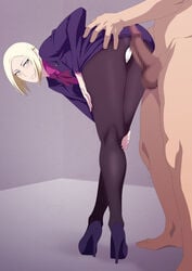 1boy 1girls bent_over business_suit censored clothed_female_nude_male dress_shirt female imminent_penetration imminent_sex lime_(purple_haze) mado_akira male naughty_face office_lady panties pantyhose smile stockings suit tie tights tokyo_ghoul torn_pantyhose