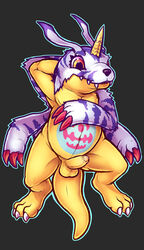 arm_behind_head balls digimon erection gabumon horn humanoid_penis lying male male_only on_back partially_retracted_foreskin pelt penis scalie smile solo spread_legs spreading thesecretcave uncut