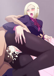 1boy 1girls blush breast_grab business_suit censored clothed_female_nude_male cum cum_in_pussy dress_shirt female from_behind_position fucked_silly grabbing grabbing_from_behind groping groping_from_behind groping_through_clothes heels high_heels lime_(purple_haze) mado_akira male office_lady on_side pantyhose rolling_eyes sex spooning stockings suit tie tights tokyo_ghoul vaginal_penetration