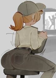 1girls ass back_view big_ass black_pants blonde_hair bubble_butt five_nights_at_freddy's five_nights_at_freddy's:_security_breach good_artwork pants ponytail scottgames security_guard sitting_backwards solo tight_clothing vanessa_(fnaf) wamudraws