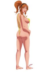 1girls 2015 absurdres ass barefoot bikini breasts charlotte_(kudos707) female green_eyes hairband looking_at_viewer mario-reg orange_hair original parted_lips side_ponytail sideboob sling_bikini solo standing swimsuit