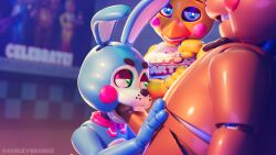 3d 3d_(artwork) absurd_res animatronic anthro ashleyorange avian beak bear bib bird blue_body blue_eyes bow_tie brown_body buckteeth chicken clothing fellatio female femboy five_nights_at_freddy's five_nights_at_freddy's_2 galliform green_eyes group hi_res humanoid lagomorph leporid machine makeup male male/male mammal oral penile phasianid rabbit rabbit_ears robot robot_anthro robot_humanoid scarf scottgames sex teeth toy_bonnie_(fnaf) toy_chica_(fnaf) toy_freddy_(fnaf) trio yellow_body