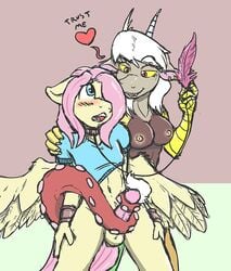 2014 anthro anthrofied areola balls blush bottomless breasts butterscotch_(mlp) caroo clothed clothing collar discord_(mlp) equine erection eris_(mlp) fangs feathers female fluttershy_(mlp) friendship_is_magic half-dressed hasbro heart leash male mammal my_little_pony nipples nude pegasus penis piercing red_eyes rule_63 shackles straight_hair wings