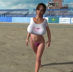 1girls 3d bare_shoulders big_breasts bikini bikini_bottom brown_hair busty cottonkidd curvy detailed_background eyelashes female female_only front_view gray_eyes haelie_anne_love hourglass_figure human long_hair looking_at_viewer midriff outdoor outside pose posing sand shadow shiny shiny_skin skimpy solo solo_female swimsuit tan tan_skin tanline tanlines text thong voluptuous walking wide_hips