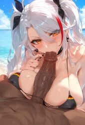 ai_generated between_breasts big_breasts big_penis blowjob cheating dark-skinned_male german_flag_bikini golden_eyes interracial light-skinned_female multicolored_hair ntr silver_hair