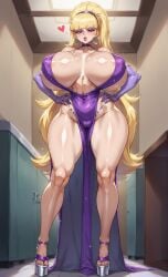 1girls ai_generated areola_slip bimbo blonde_hair covered_nipples gigantic_breasts gravity_falls halterneck hand_on_hip huge_breasts long_hair pacifica_northwest platform_heels puckered_lips sideless_outfit slim_waist thick_thighs wide_hips
