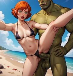 ai_generated beach bikini elf elf_female female lifting_leg orc orc_male selfie standing_sex vaginal_sex