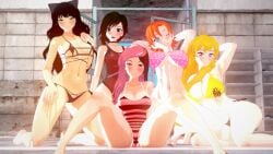 abs bikini bikini_bottom bikini_top black_hair black_hair_female blake_belladonna blonde_female blonde_hair cat_ears female female_only hands_behind_head human long_hair long_hair_female multicolored_hair multiple_girls nakadashi_(artist) neo_(rwby) nora_valkyrie one-piece_swimsuit orange_hair orange_hair_female pose posing red_highlights ruby_rose rwby two_piece_swimsuit yang_xiao_long