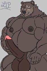 2022 anthro balls bear belly ben_bigger big_belly big_pecs big_penis brown_body canid digital_media_(artwork) erection fur genitals hi_res humanoid_genitalia humanoid_penis looking_at_viewer lusty_place male mammal mihoyo moobs muscular muscular_anthro nipples nude overweight overweight_male pecs penis scar simple_background smile solo zenless_zone_zero