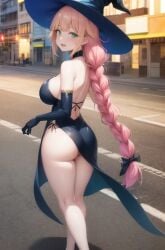 ai_generated artist_request back_view backboob bare_legs big_ass big_breasts big_butt blonde_hair braided_ponytail demia_duodectet green_eyes huge_breasts huge_thighs ishuzoku_reviewers light-skinned_female light_skin looking_back massive_breasts multicolored_hair solo_female stable_diffusion thick_thighs thighs voluptuous voluptuous_female witch_hat