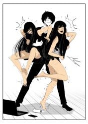 1boy 2girls black_hair crying_laughing feet foot_fetish glasses kidetic kusujinn laugh painted_nails painted_toenails pale-skinned_male shaking sisters socks soles sweat tagme tied_to_twins toes twins