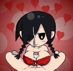 1boy 1girls 2020 bad_id bad_pixiv_id black_hair blush bra braid braids breasts closed_mouth collarbone cum cum_on_breasts deleted_image ejaculation funamusea funamusea_(style) goth_girl hakayu heart incest light_blush looking_at_another medium_breasts mogeko_castle navel one_eye_closed paizuri pov red_bra shinya_kurai smile source_not_archived titjob titjob twin_braids yonaka_kurai