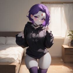 ai_generated bedroom cute forehead_jewel hips hoodie purple_hair pussy_juice pussy_juice_drip rachel_roth raven_(dc) thighs