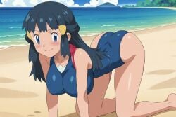 ai_generated aindroidparanoid beach blue_eyes blue_hair blue_swimsuit covered_nipples dawn_(pokemon) doggy_style happy huge_breasts kneeling outdoors pokemon stable_diffusion