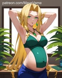 ai_generated armpist blonde_hair earrings fate/grand_order fate_(series) green_eyes hands_behind_head lips_piercing pregnant quetzalcoatl_(fate)