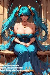 ai-created ai_generated aqua_hair artist_name bangs bare_shoulders blue_dress blue_eyes blue_hair breasts cleavage closed_mouth clothing dress english_text female hair_ornament hands_on_lap huge_breasts jewelry jousneystudio large_breasts league_of_legends lips long_hair looking_at_viewer low_neckline sitting smile solo sona_(league_of_legends) sona_buvelle tied_hair twintails very_long_hair watermark