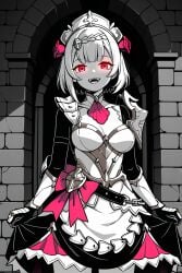 ai_generated dress fangs female genshin_impact glowing_eyes lifting_skirt maid_uniform monochrome noelle_(genshin_impact) red_eyes smiling solo tagme vampire