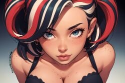 ai_assisted ai_generated bare_shoulders black_hair blue_eyes body_freckles bra breasts cleavage colors creamybiscuit earrings freckles gradient_background hoop_earrings jewelry lips mole_on_breast multicolored_hair red_hair streaked_hair two_tone_hair underwear upper_body white_hair