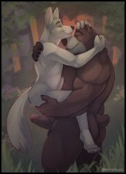 anthro bear canid canine duo echo_(game) echo_(series) echo_project erection forest forest_background fox holding_partner horrorbuns male male/male mammal nature nature_background plant romantic romantic_ambiance romantic_couple smile the_smoke_room touching_forehead tree tsela_begay yiska_(the_smoke_room)