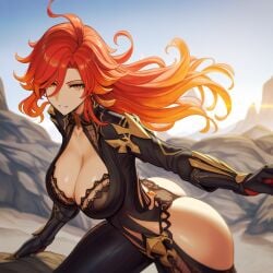 ai_generated ass big_ass big_breasts breasts female female_only genshin_impact long_hair mavuika_(genshin_impact) red_hair simple_background solo solo_female thick_thighs thighhighs thighs