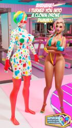 3d blender bouncing_breasts breasts clown clown_girl clownification dialogue drone droneification elbow_gloves english_text face_paint female female_only fingerless_gloves happy_trance hat long_hair makeup mercy navel nintendo open_mouth overwatch overwatch_2 pink_eyes short_shorts signature smile sombra spiral_background standing supercasket suspenders tagme text topless